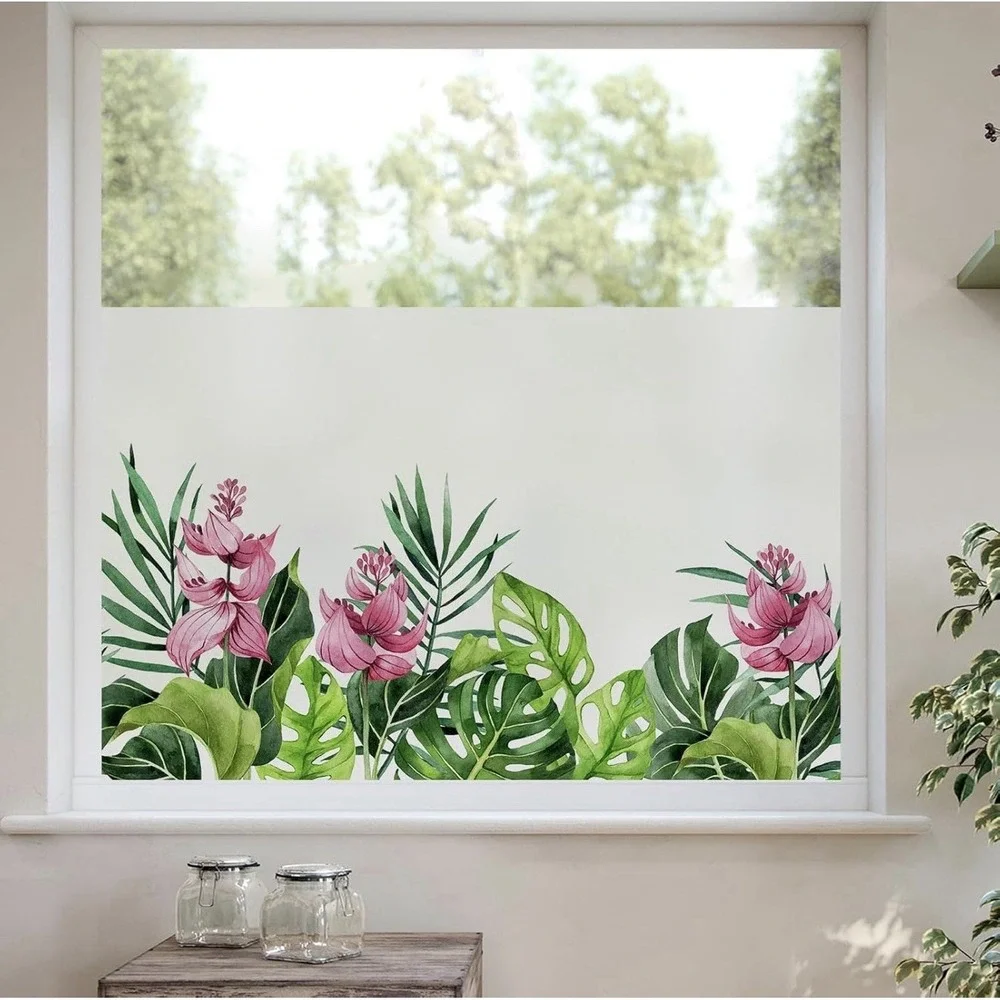 DKTIE Tropical Flowers Static‎ Cling Window Film Non-Adhesive, Frosted, Privacy